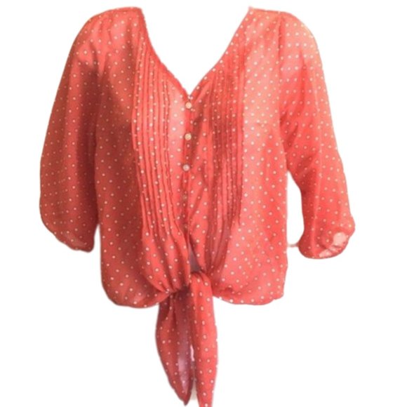 Free Gift 🎁 Timing Orange Sheer Polka‎ Dots Blouse. Size Medium. Pre-loved - Picture 1 of 16